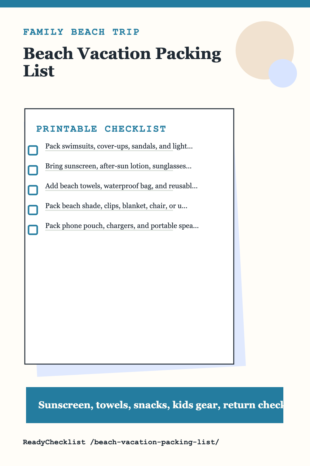 Beach Vacation Packing List printable checklist template preview
