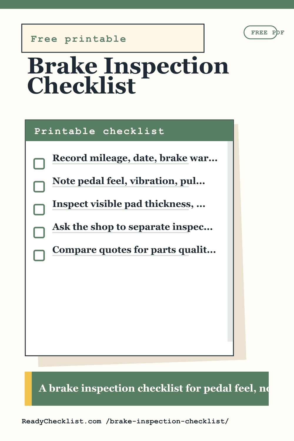 Brake Inspection Checklist printable checklist preview image