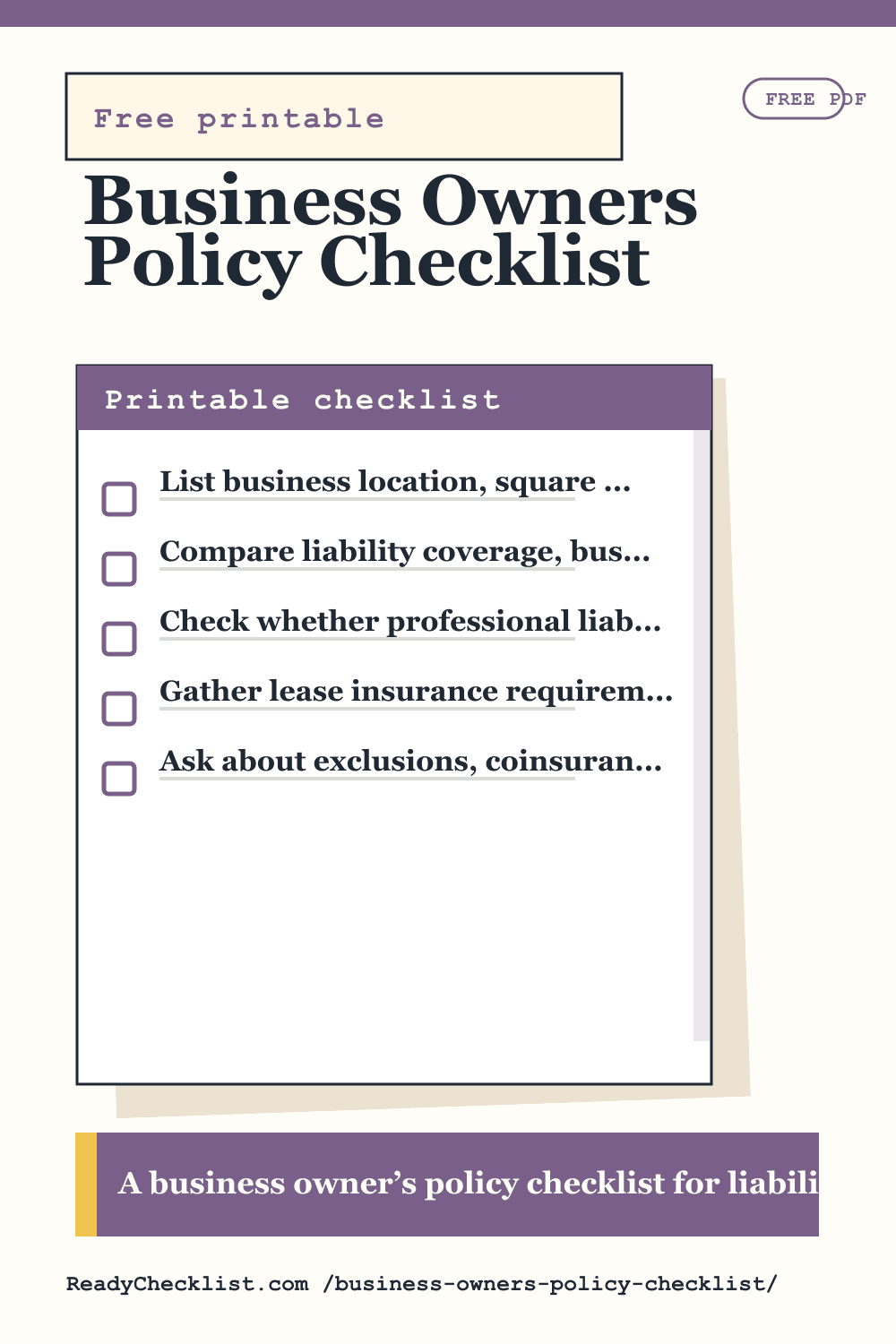 Business Owners Policy Checklist printable checklist preview image