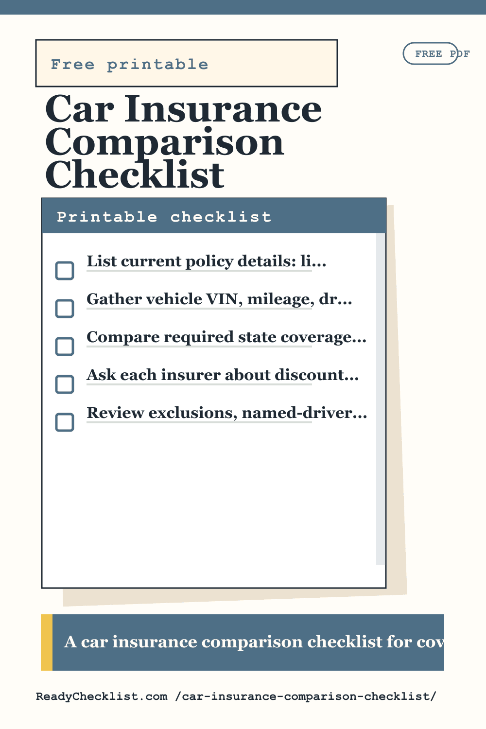 Car Insurance Comparison Checklist printable checklist preview image