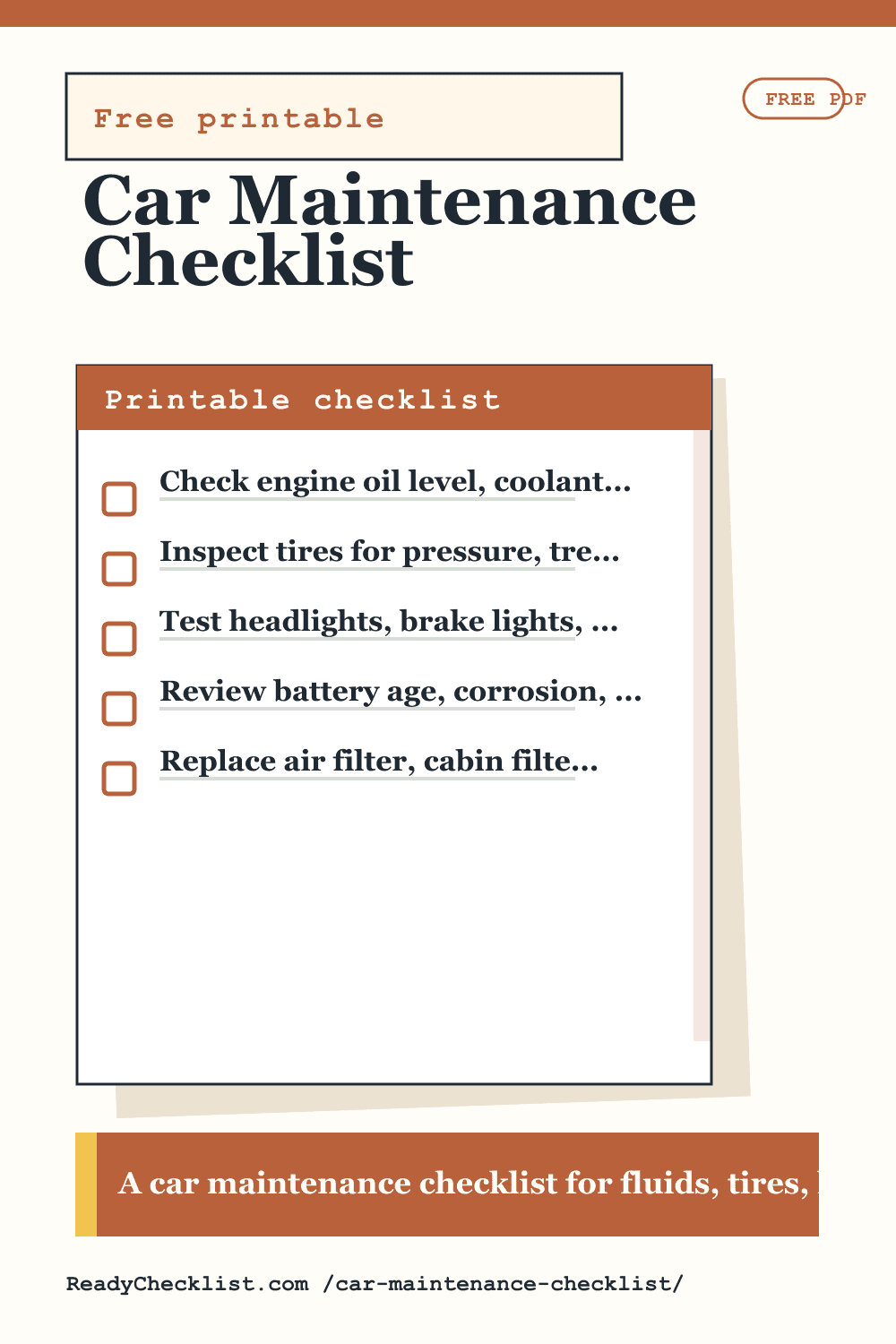 Car Maintenance Checklist printable checklist preview image