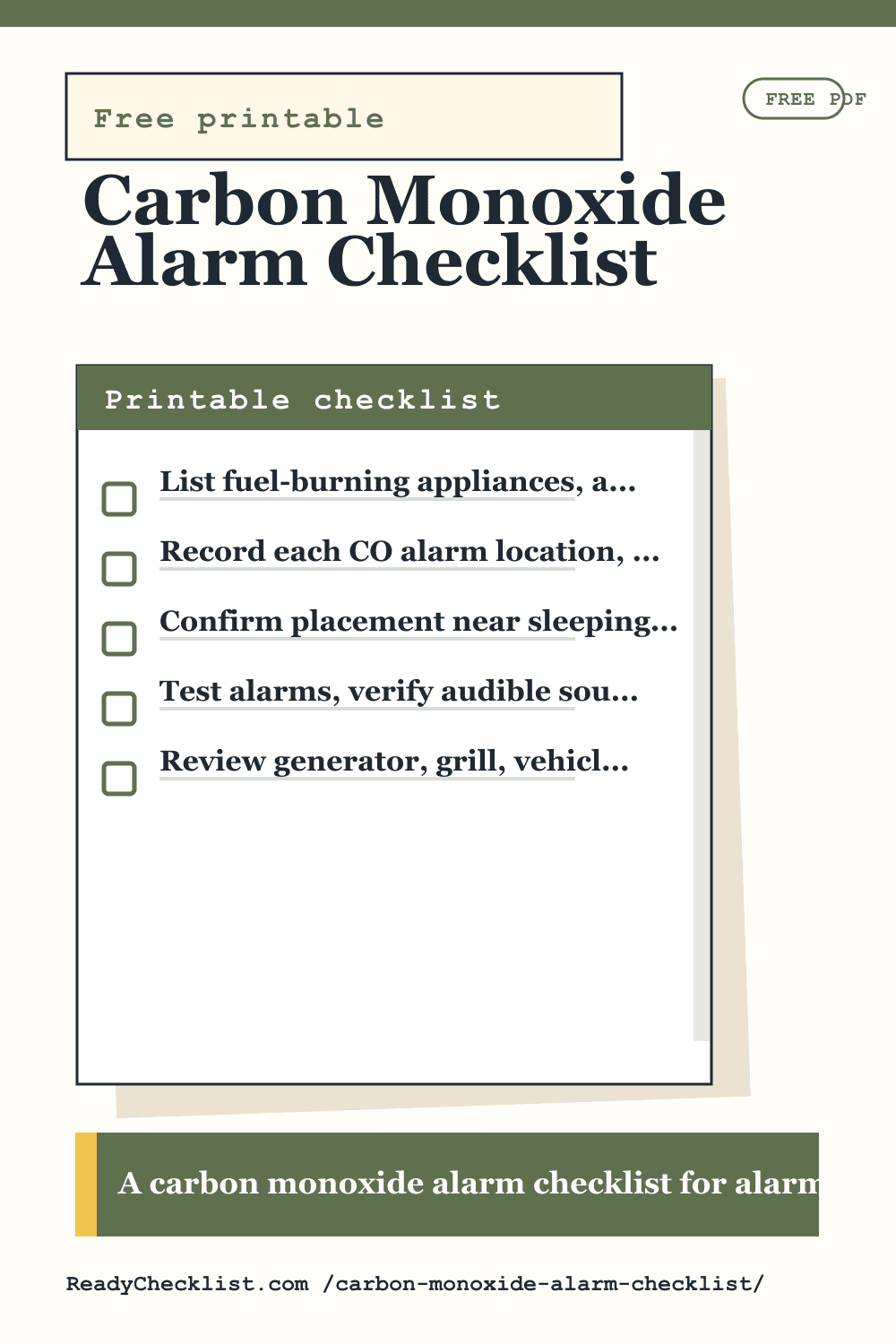 Carbon Monoxide Alarm Checklist printable checklist template preview