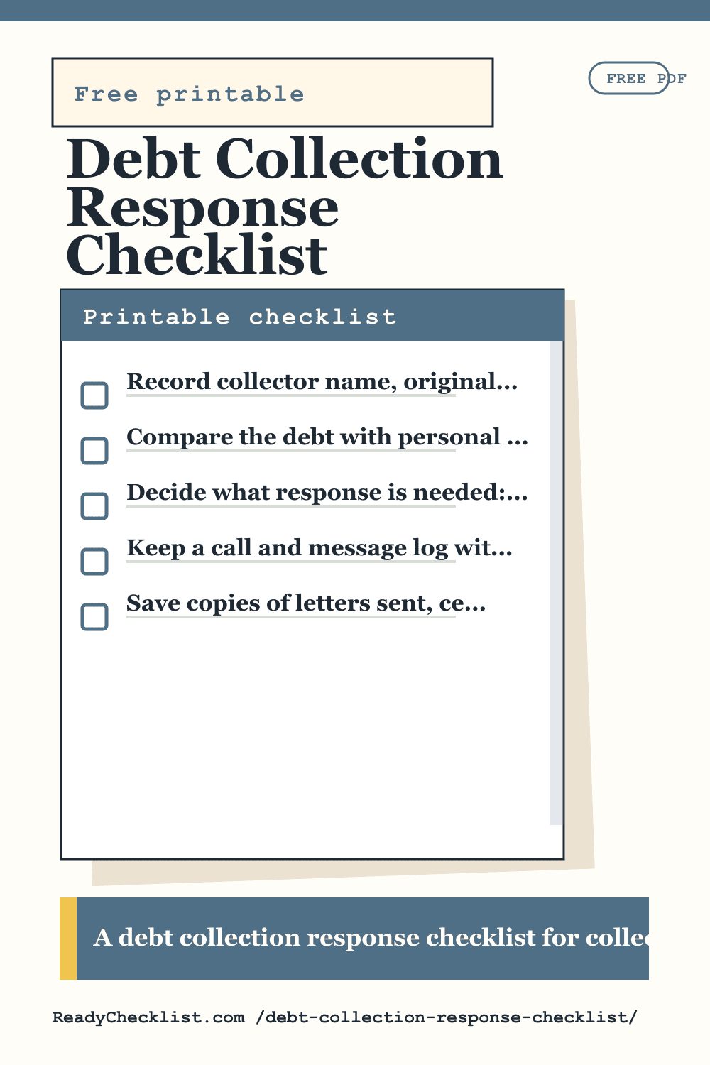 Debt Collection Response Checklist printable checklist preview image