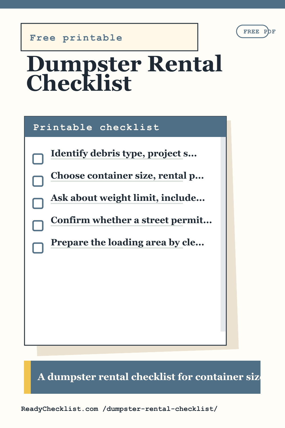 Dumpster Rental Checklist printable checklist preview image