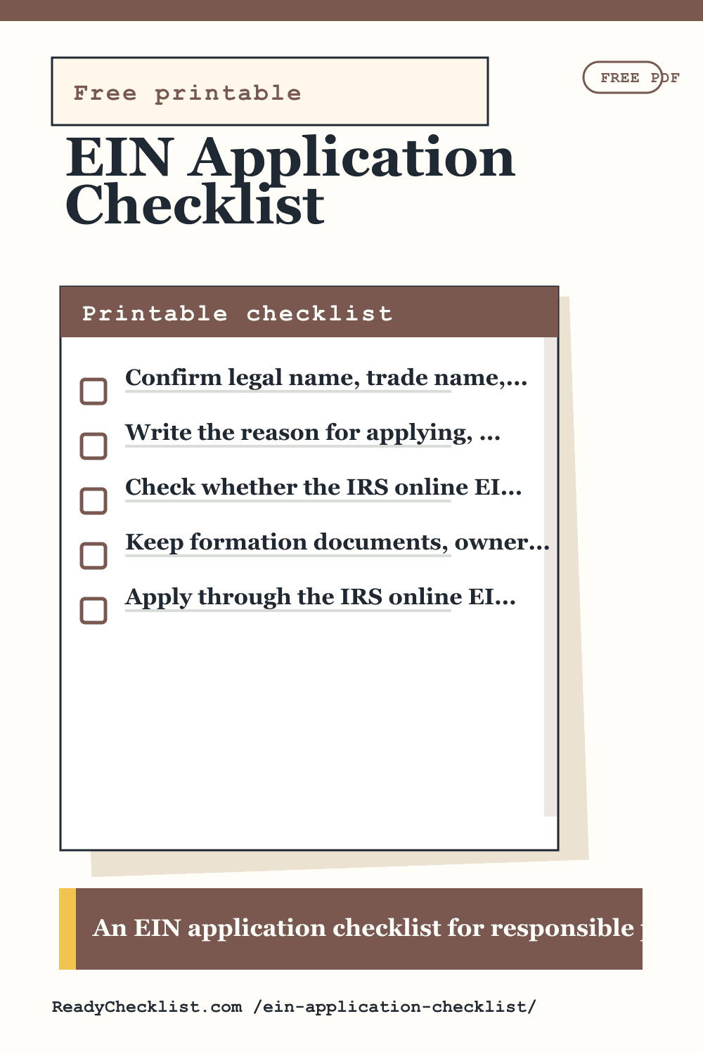 EIN Application Checklist printable checklist preview image