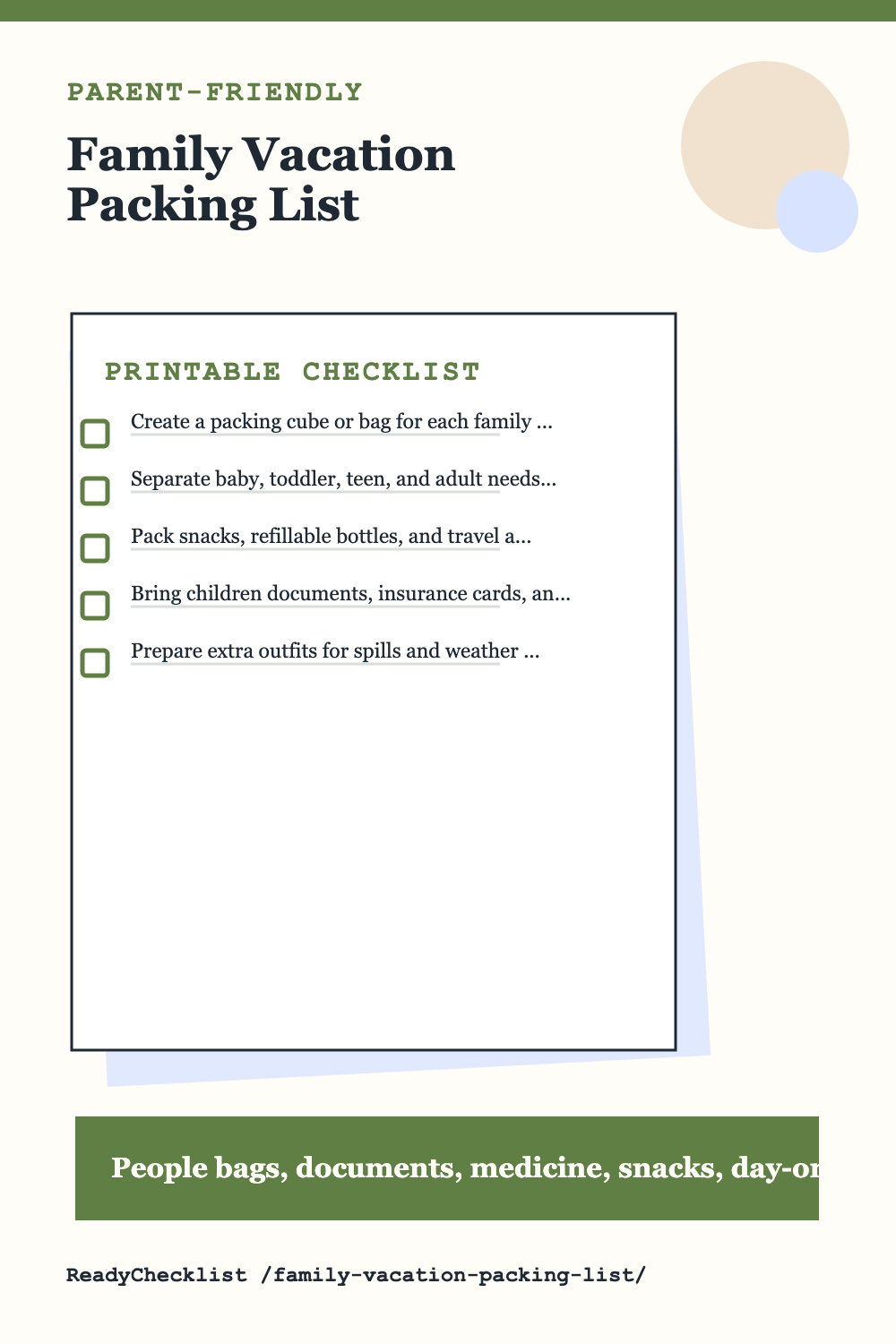 Family Vacation Packing List printable checklist template preview