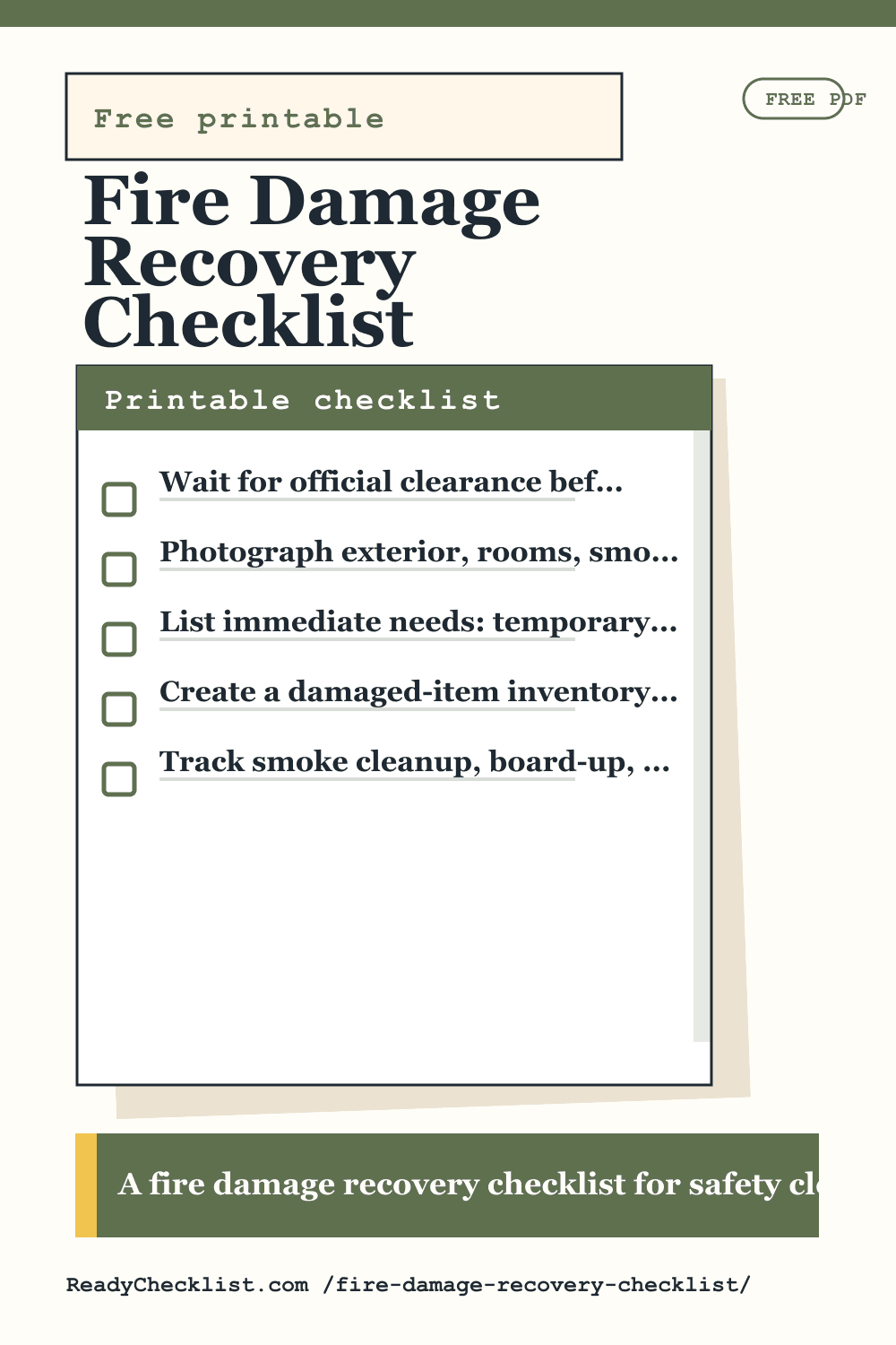 Fire Damage Recovery Checklist printable checklist preview image