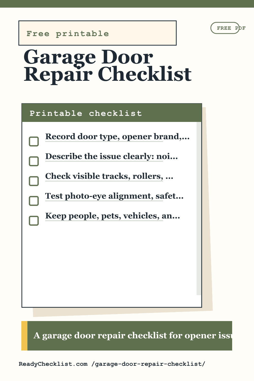 Garage Door Repair Checklist printable checklist template preview