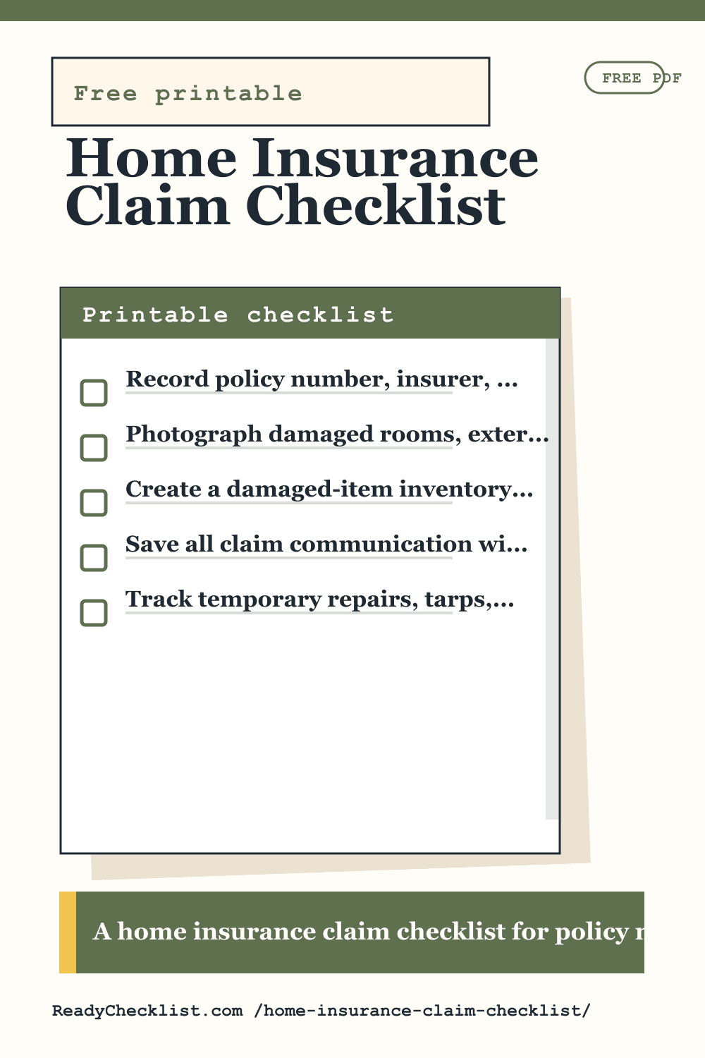 Home Insurance Claim Checklist printable checklist preview image