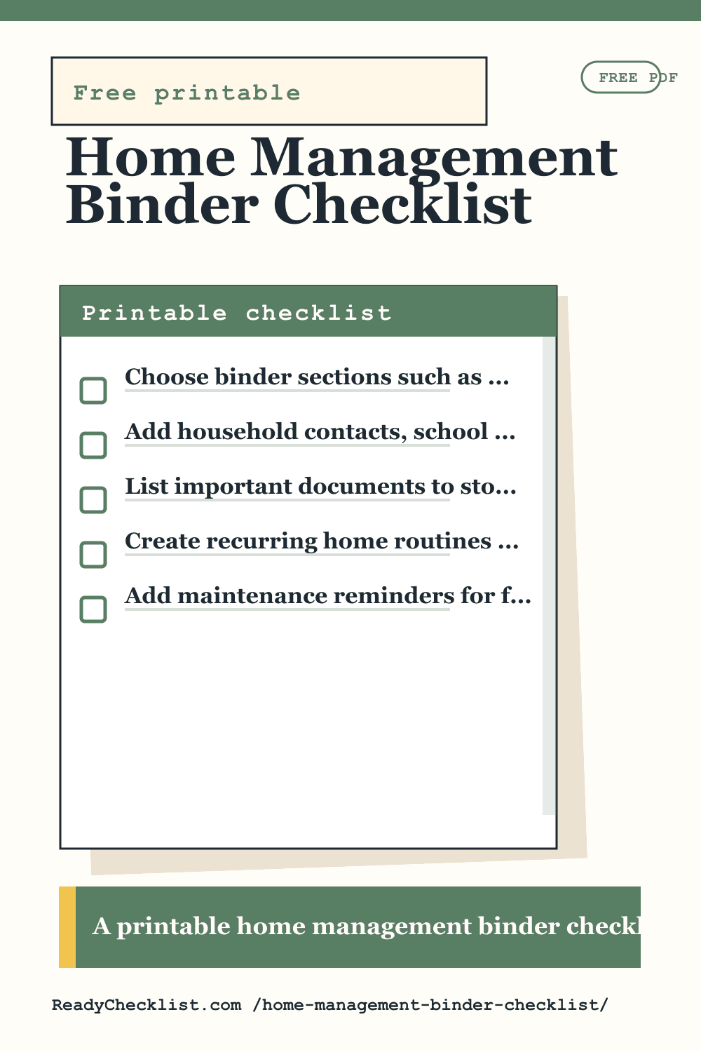 Home Management Binder Checklist printable checklist template preview