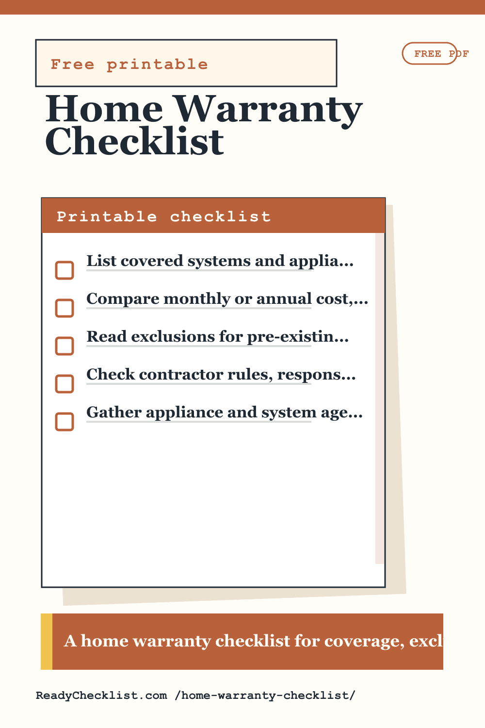 Home Warranty Checklist printable checklist template preview