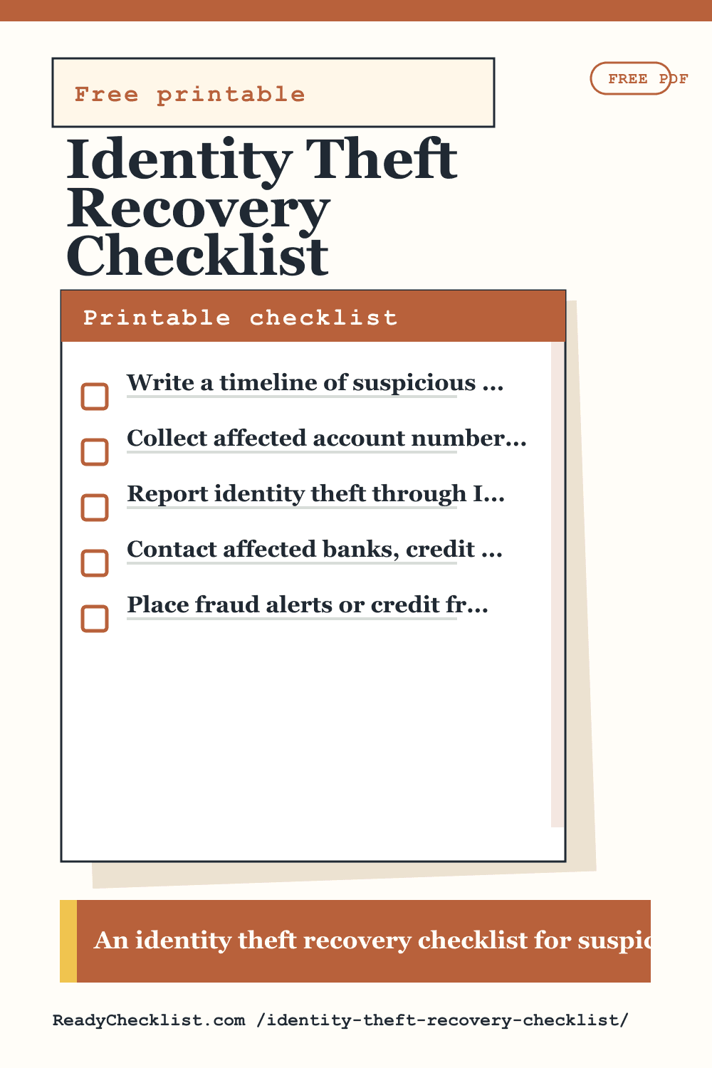 Identity Theft Recovery Checklist printable checklist preview image