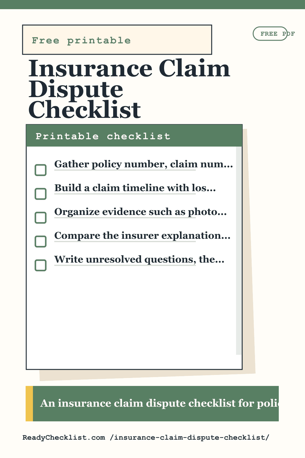 Insurance Claim Dispute Checklist printable checklist preview image