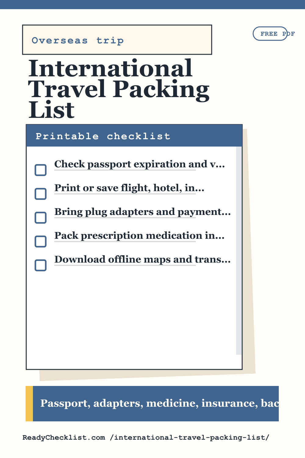International Travel Packing List printable checklist template preview
