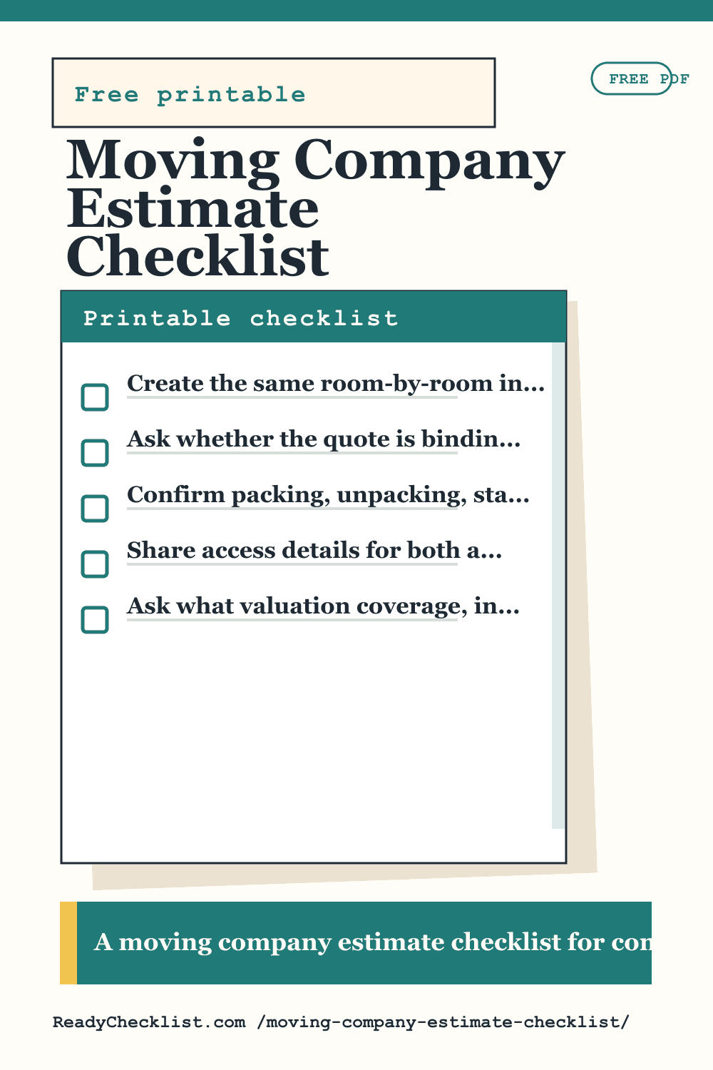 Moving Company Estimate Checklist printable checklist template preview