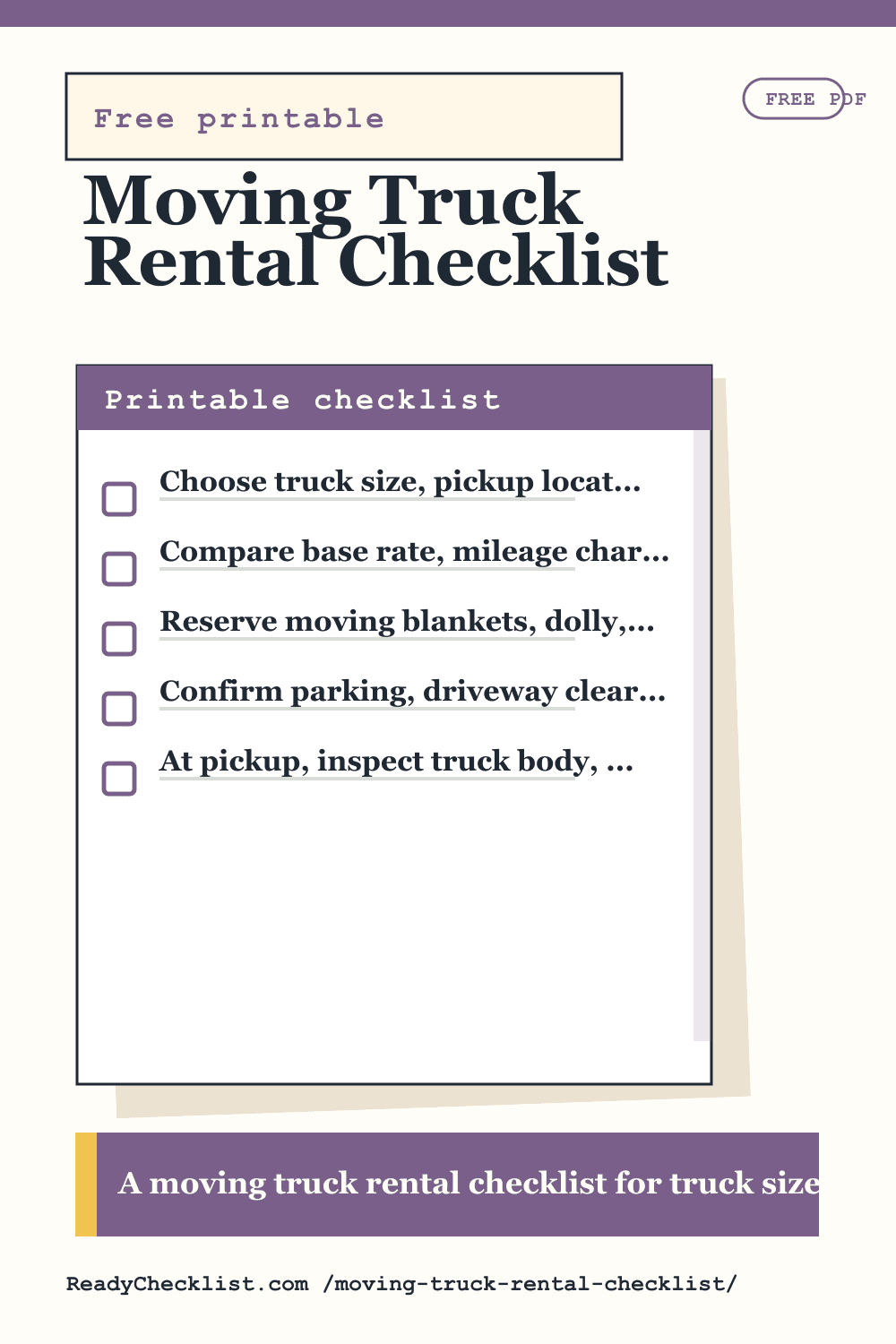 Moving Truck Rental Checklist printable checklist template preview