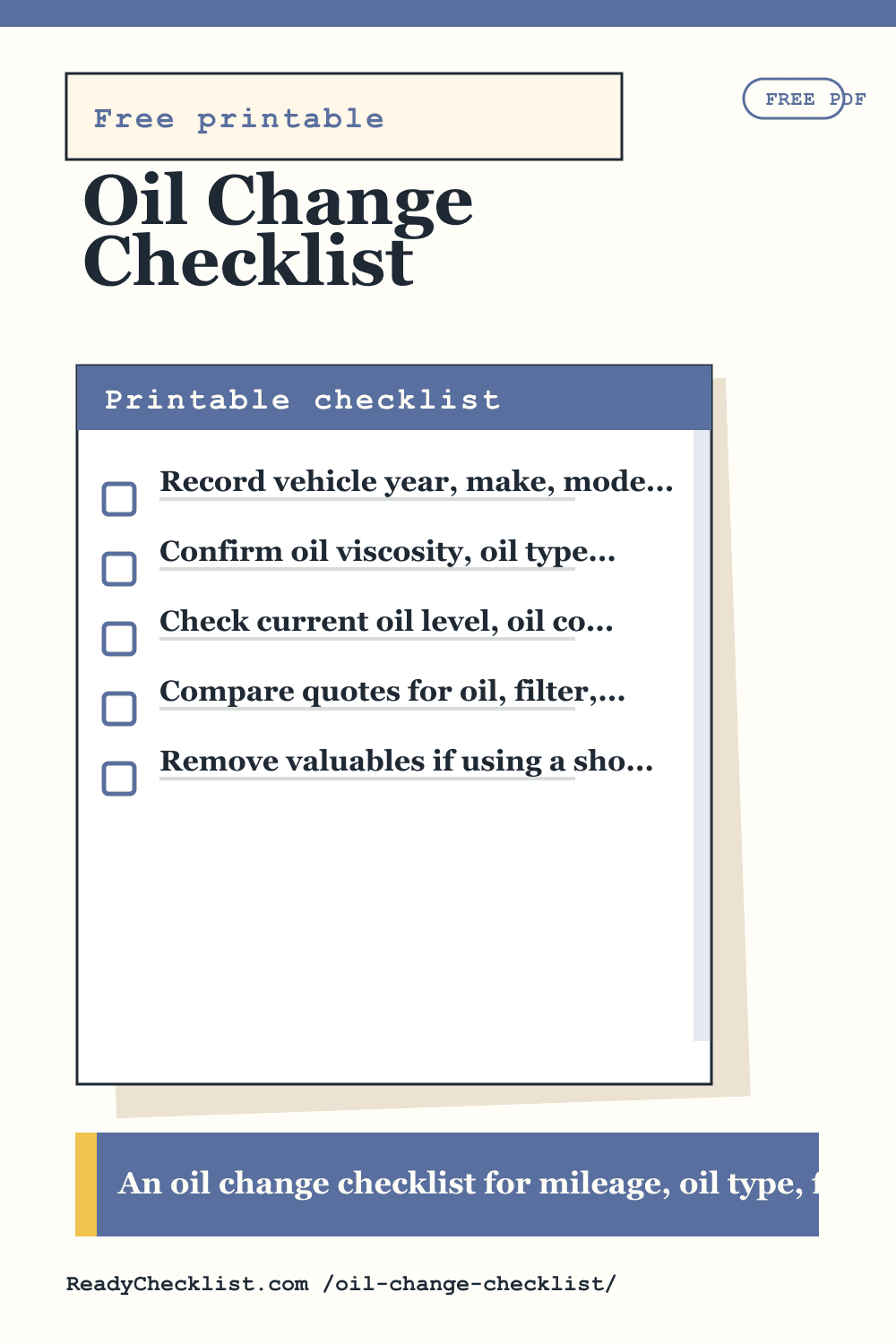 Oil Change Checklist printable checklist preview image
