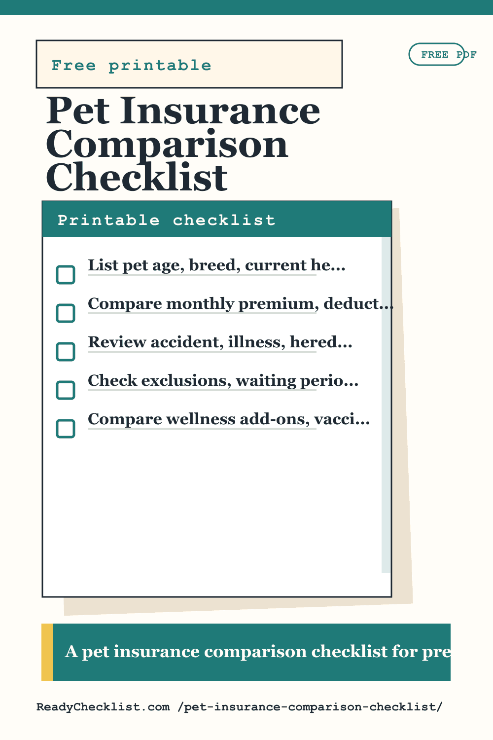 Pet Insurance Comparison Checklist printable checklist template preview