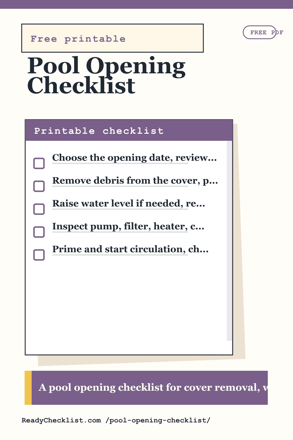 Pool Opening Checklist printable checklist template preview