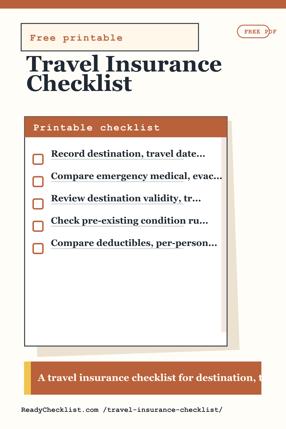 Travel Insurance Checklist printable checklist preview image
