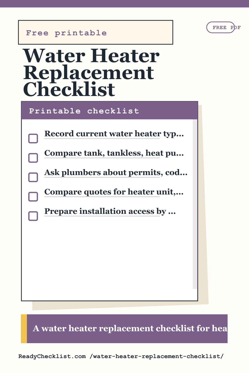 Water Heater Replacement Checklist printable checklist template preview