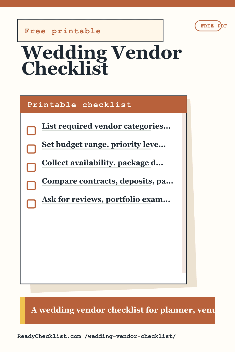 Wedding Vendor Checklist printable checklist preview image