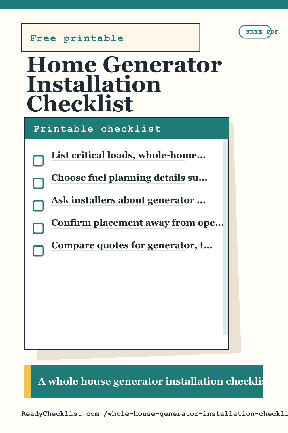 Home Generator Installation Checklist printable checklist template preview